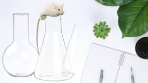 white mouse on beaker with journal and pen